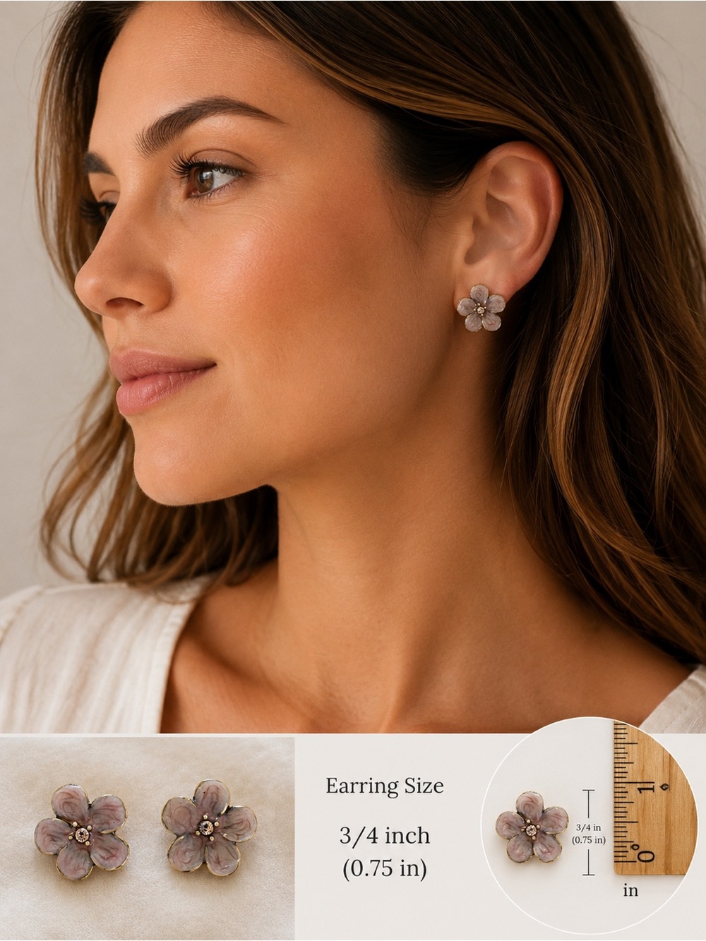 Vintage Floral Stud Earrings Mauve Enamel‎ Flower Earrings Cottagecore Romantic
